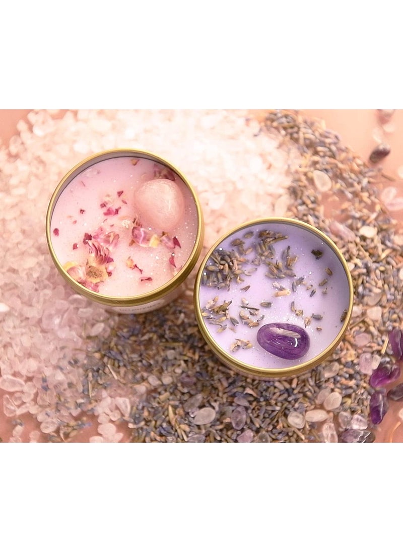 Candles Gift Set for Women Aromatherapy Candles for Home Scented Portable Tin of Soy Candle with Healing Crystals,Rose Quartz & Dry Flowers Home Decorative Candles Gift Set of 2