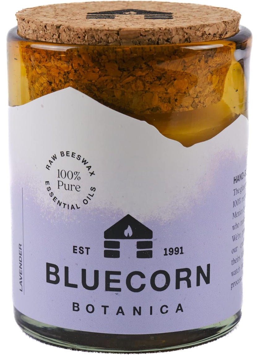 Lavender Essential Oil & Pure Beeswax Candle in Blown Glass Vessel. Bluecorn Beeswax Botanica. Non-Toxic Lavender Scented Candle in 100% Recycled Glass. 8 oz. Aromatherapy Candle