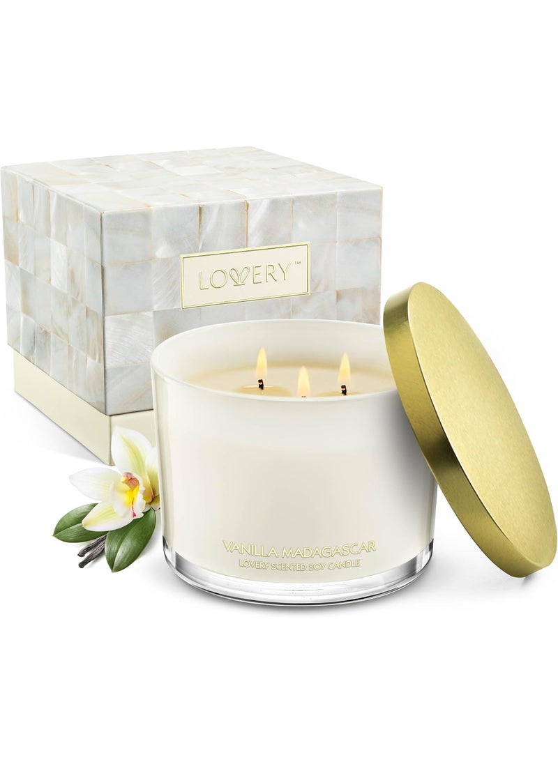 Luxury Vanilla Soy Candles, Large 3 Wick Jar Candle for Home Scented, Up to 50 Hours Burning Time, 100% Natural Soy Wax, Relaxing Aromatherapy Aesthetic Candle - Housewarming Gifts for Men & Women Set