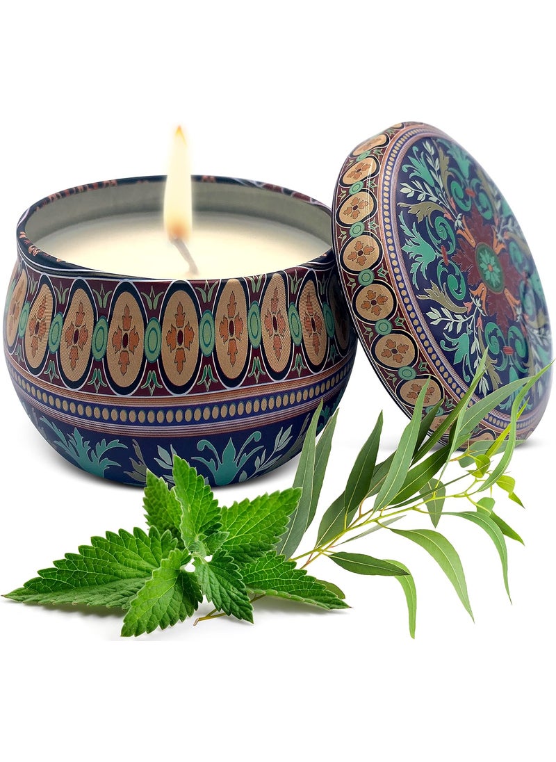 Soy Wax Candle in Perfect Decorative Giftable Metal Tin - Peppermint-Eucalyptus Natural Oil and Pure Organic Soy Wax - for Living Room, Home, Bedroom - Handmade in USA
