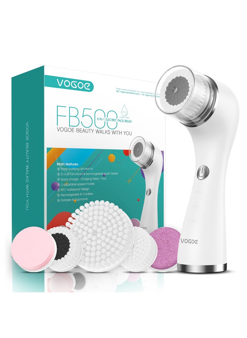Facial Cleansing Brush Rechargeable, Spin Face Wash Brush IPX7 Waterproof Electric Face Scrubber Exfoliator, 3 Speeds & 5 Brushes for Cleansing and Exfoliating, White