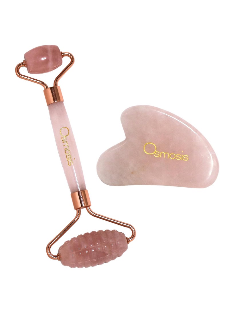 OSMOSIS Rose Quartz Roller and Gua Sha Face Roller for Puffiness and Redness, Facial Skin Massager Tool for Face, Self Care Gift for Men Women