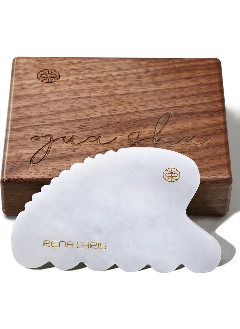 Rena Chris Gua Sha Facial Tool, Natural White Jade Stone Body Gua Sha with Exquisite Wooden Box, Large Guasha Suitable for Face Lifting, Puffiness Reducing and Whole-Body Massage, Skin Care Massager