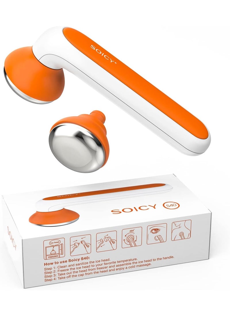 SOICY S40 Metal Ice Roller for Face Under Eye Skin Care Tools for Whole Body Minor Injury Cold CompressIce Face Roller Massager for Migraine Pain with 2 Stainless Steel Replacement Heads Orange