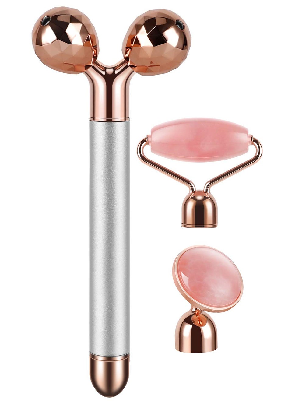 DANGSHAN 3-in-1 Electric Jade Roller 3D Roller Facial Roller & Face Massager, Rose Quartz