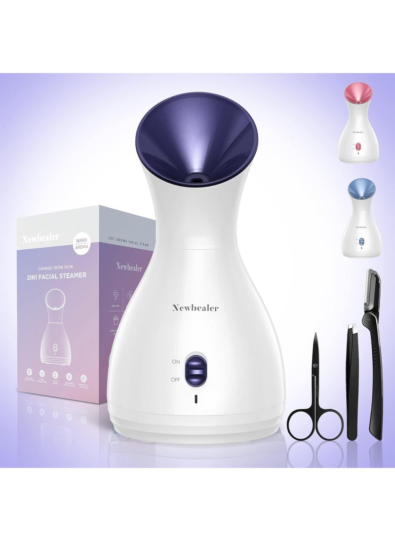 Newbealer 2in1 Facial Steamer, Hot Mist Facial Aromatherapy Humidifier Atomizer, Large Face Steamer Unclogs Pores Sinuses Moisturizing, Home Sauna Spa with Eyebrow Set (Purple, 170 ml)