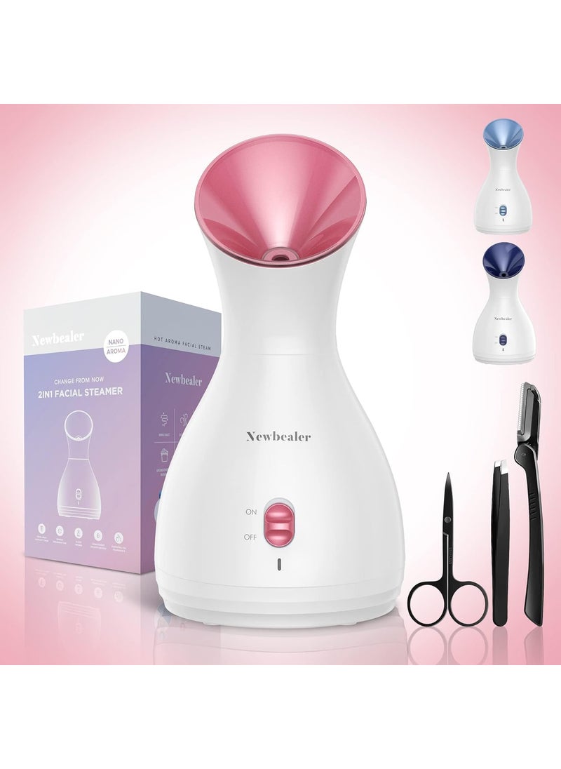 Newbealer 2in1 Facial Steamer, Hot Mist Facial Aromatherapy Humidifier Atomizer, Large Face Steamer Unclogs Pores Sinuses Moisturizing, Home Sauna Spa with Eyebrow Set (Red, 170 ml)