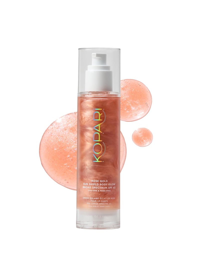 Kopari Sun Shield Body Glow, Broad Spectrum SPF 45, Lightweight Shimmering Gel Texture Absorbs Quickly, Non Sticky, Glowing Results, Rose Gold 5 oz