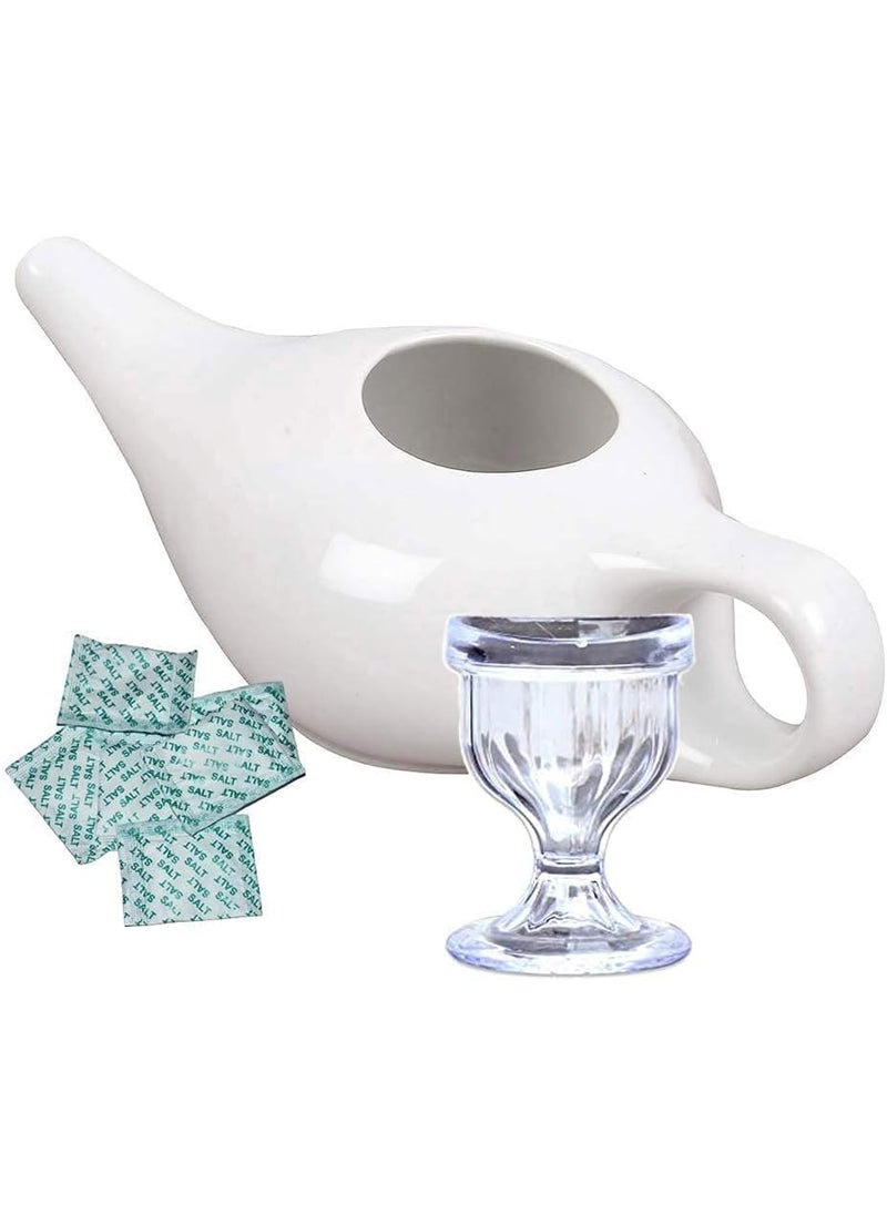 Ceramic Neti Pot for Nasal Cleansing | Ceramic Neti Pot + Plastic Eye Wash Cup | Natural Treatment for Sinus Infection and Congestion | Ceramic Neti Pot + 10 sachet Neti salt ,Instructions Leaflet