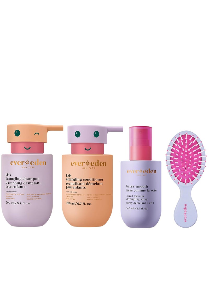 Evereden Kids Complete Haircare Set: Hair Detangling Shampoo, Conditioner & Spray for Children Ages 3+ & Pain-Free Hair Brush, Plant Protein Peptides & Argan Oil, Vegan, Free from Sulfate and Paraben