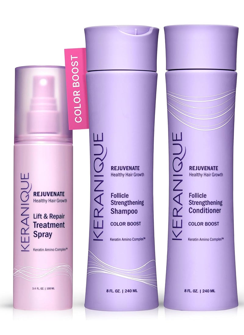 Keranique Color Treated Shampoo and Conditioner Set with Hair Thickening Spray - Keratin Enriched Color Boost Set w/Shampoo & Conditioner and Lift & Repair Spray for Women w/Fine, Thin, Colored Hair