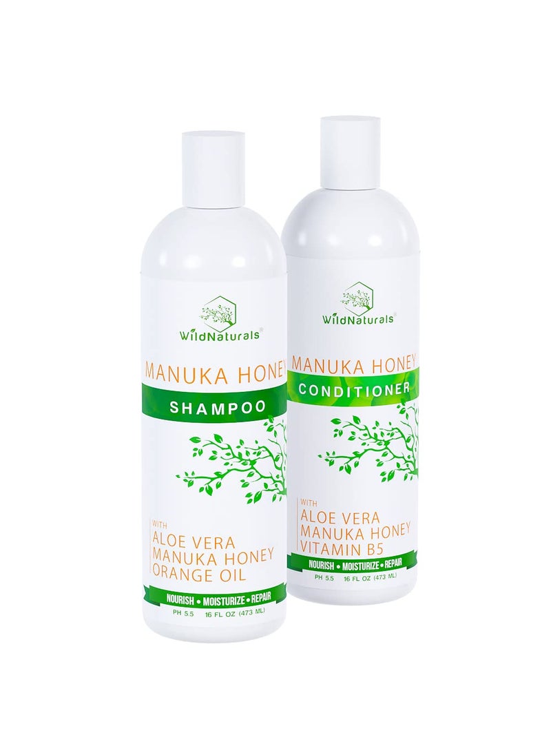 Manuka Honey Shampoo and Conditioner - Soothing Moisturizing Formula for Eczema, Psoriasis, Curly Hair, and Color-Safe - All Natural Set