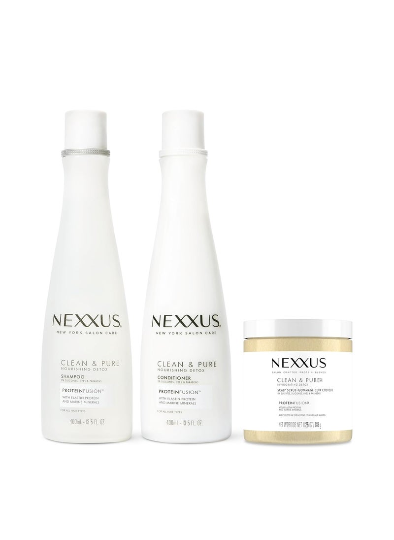 Nexxus Clean & Pure Hair Regimen Pack Shampoo, Conditioner and Scrub Detox Hair Products Sulfate Free, Silicone free, Paraben Free 3 Count