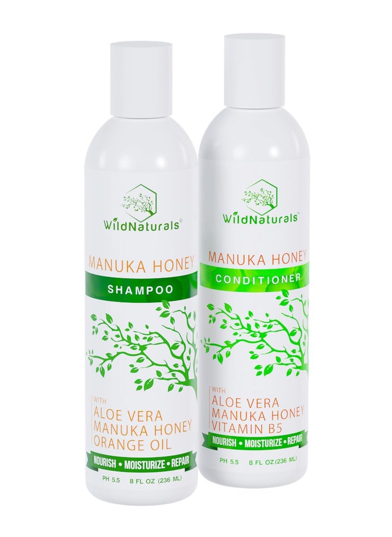 Manuka Honey Shampoo and Conditioner - Soothing Moisturizing Formula for Eczema, Psoriasis, Curly Hair and Color-Safe - All Natural Set