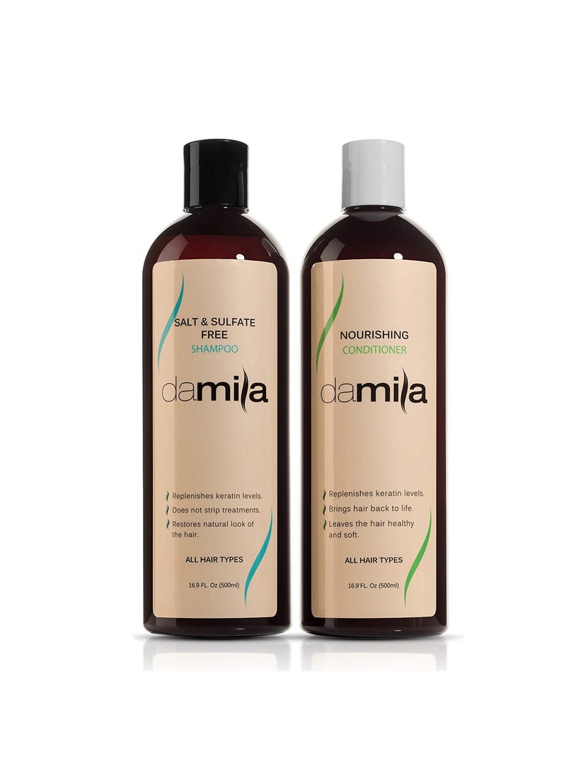 Salt & Sulfate Free Shampoo & Conditioner for Keratin and Color Treated Hair - Professional Keratin Value Pack for Damaged, Frizzy, Curly, Dry & Thin Hair - Shampoo Sin Sal - 16.9 Fl Oz