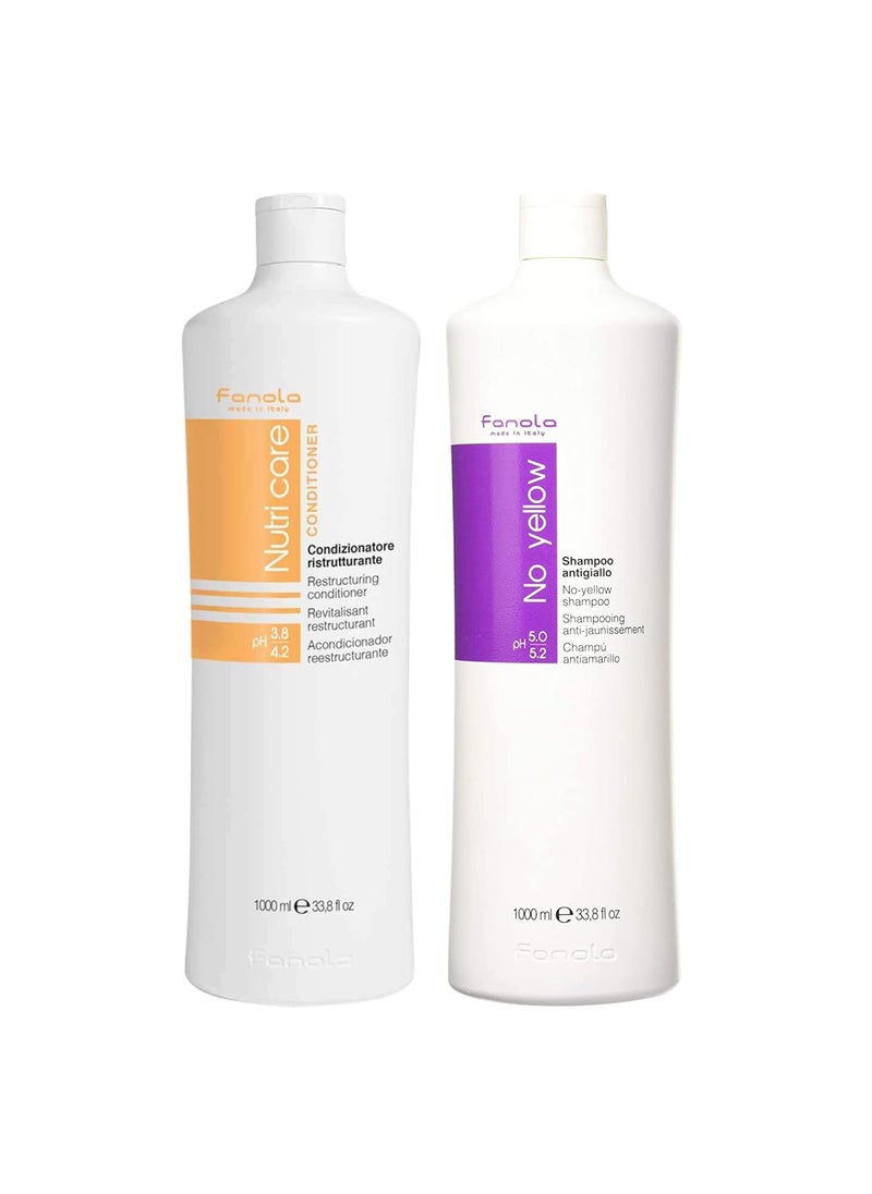 Fanola No Yellow Shampoo & Nutri Care Restructuring Conditioner 33.8 oz / 2pk - Anti Brass Depositing Purple Shampoo Toner for Blonde Hair,Damaged Hair
