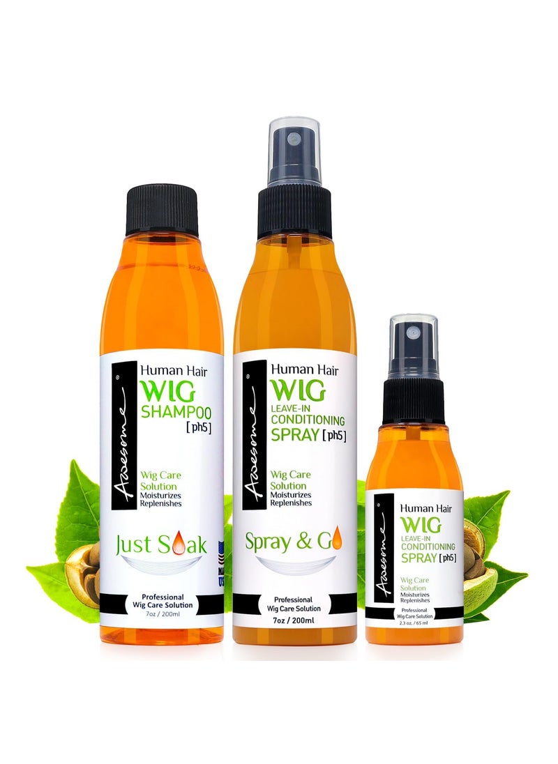 Awesome Human Hair Wig Shampoo & Conditioner, Premium set of 3, Promoting Silkiness, Shine & Freshness I Preventing Dryness (7 fl oz, 2.3 fl oz travel size)