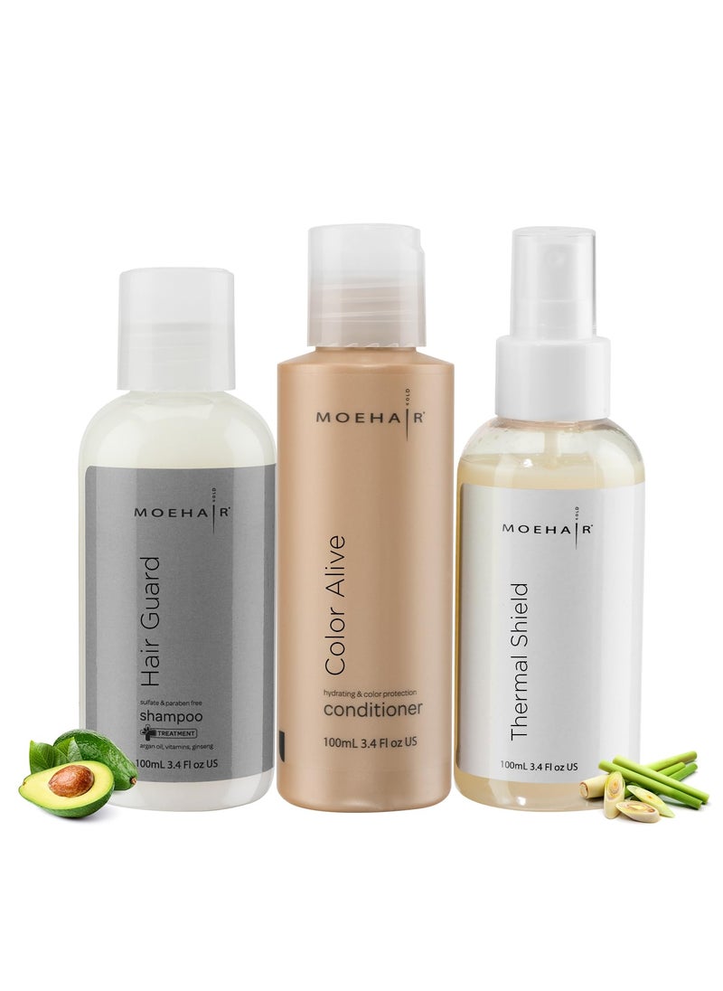 MOEHAIR Travel Hair Care Set: Shampoo, Color Conditioner, and Thermal Shield Spray (3 x 3.4 fl oz) - Heat Protectant Set