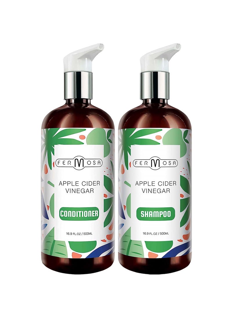 Fermosa Apple Cider Vinegar Shampoo and Conditioner Set - Clarifying Nourishing & Soothing, Reduce Itchy Scalp, Dandruff & Frizz, Adds Gloss, Hydration & Shine, Sulfate Free 16.9oz/ 500ml per bottle