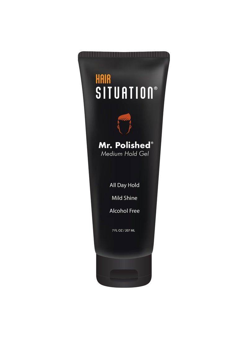 Hair Situation Mr. Polished Styling Men's Hair Gel -Medium Hold, Made With Vitamins to Strengthen and Volumize Hair, Alcohol-Free, Anti-Frizz, No-Flaking, All Day Hold, Low Shine, for All Hair 7 Fl Oz