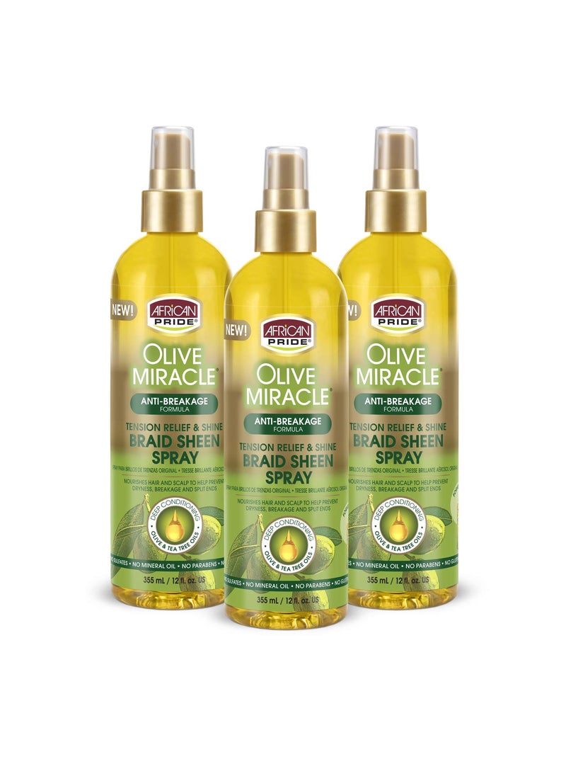 African Pride Olive Miracle Braid Sheen Spray (3 Pack) with tea tree oil and olive oil to protect and moisturize scalp and hair.12oz.