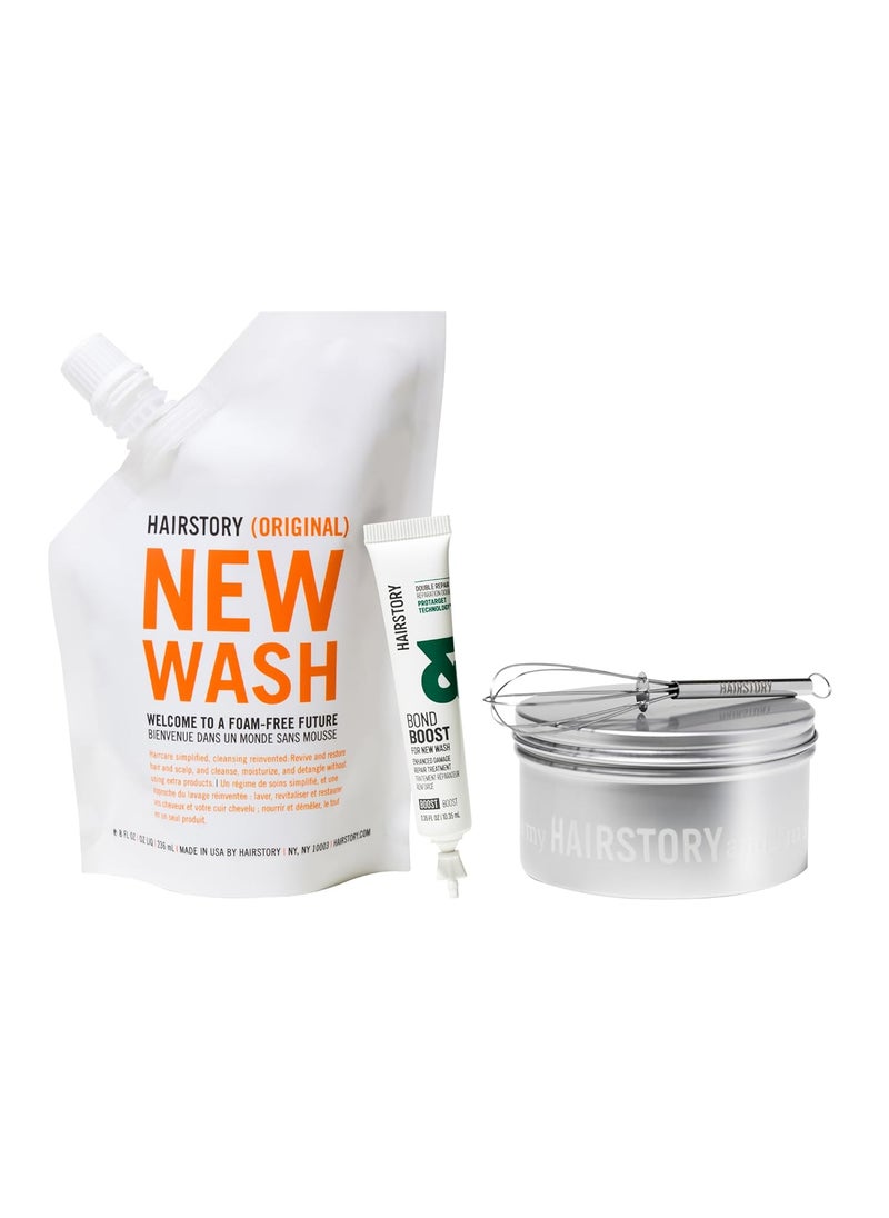 Hairstory Bond Boost & New Wash Original Bundle, Enhanced Damage Repair Treatment, Intense Healing to Minimize Breakage & Hair Loss, Nourish & Moisturize Strands, Set Includes Whisk & Tin