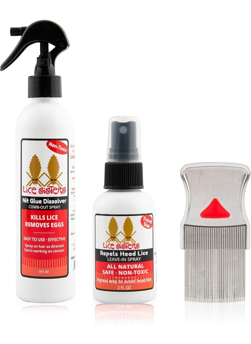 Lice Treatment and Prevention Kit, Large - Nit Glue Dissolver, Repel Lice Prevention Spray and Comb for Nit and Lice Free Hair