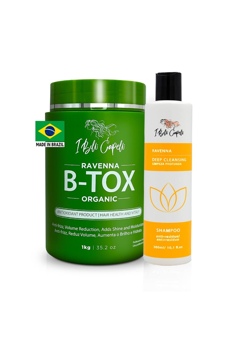 Ravenna Organic B-tox Hair Treatment Kit- 1kg/35.02 oz Hair B-tox + 300ml/10.1 fl.oz Anti-Residue Shampoo