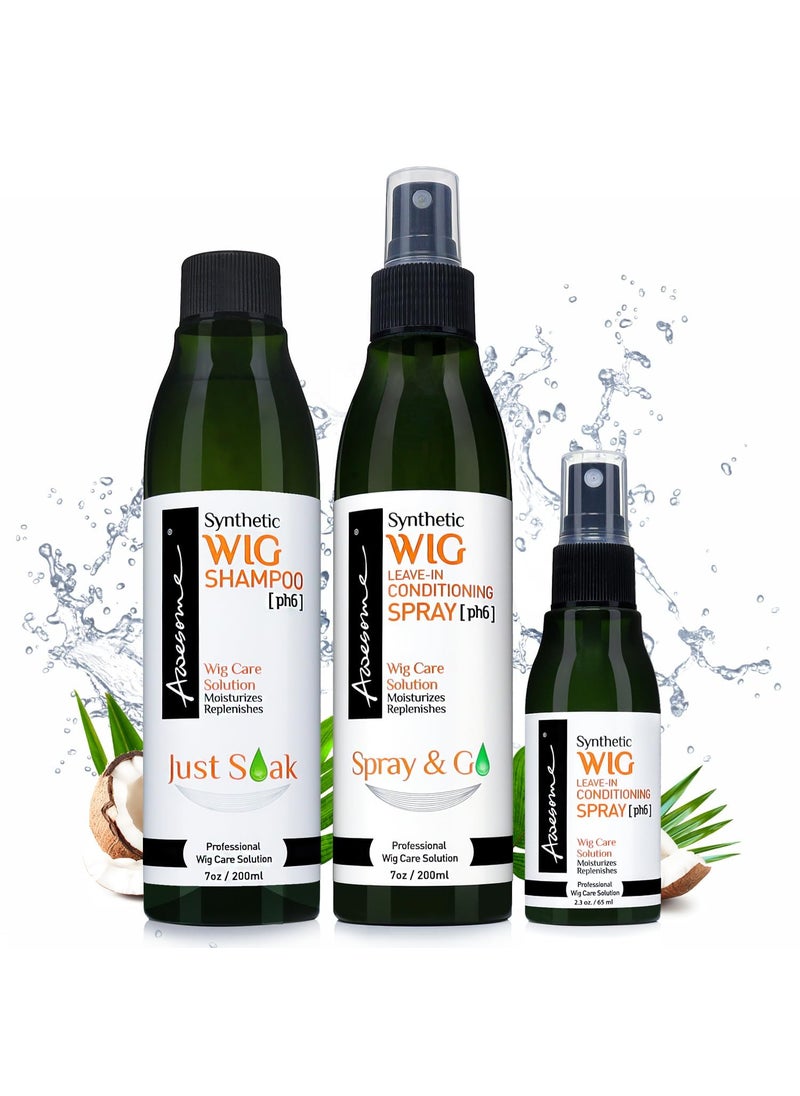 Awesome Synthetic Wig Shampoo & Leave in Conditioner Spray, pH6, Replenishes & Easy Combing, Contains Coconut Oil (Premium Set of 3)
