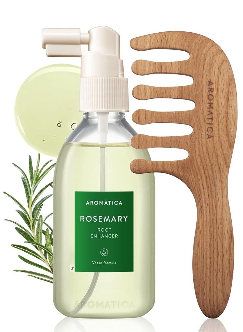 AROMATICA Rosemary Root Enhancer & Wooden Scalp Massager Set - Hair Scalp Massager with Rosemary Water Scalp Serum for Hair Growth, hair care for women