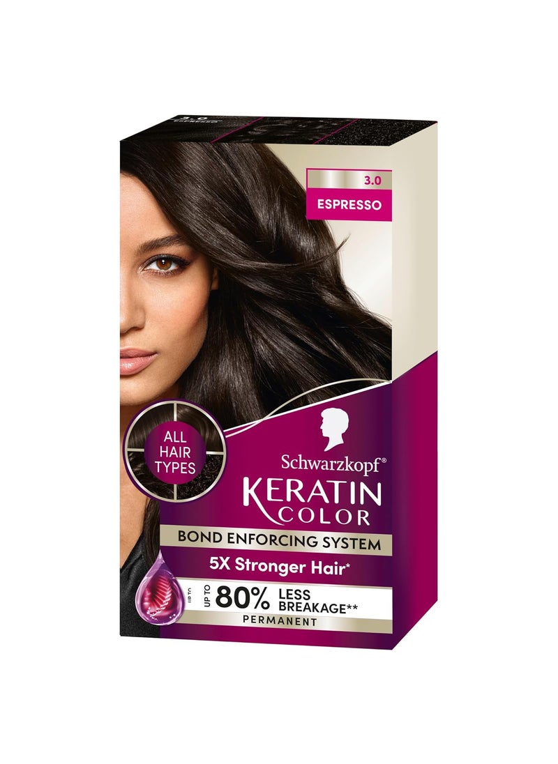 Schwarzkopf Keratin Color Permanent Hair Color, 3.0 Espresso, 1 Application - Professionally Inspired Permanent Hair Dye, for up to 80% Less Breakage vs Untreated Hair and up to 100% Gray Coverage