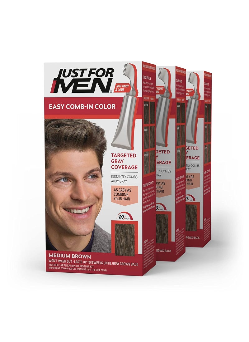 Just For Men Easy Comb-In Color Mens Hair Dye, Easy No Mix Application with Comb Applicator - Medium Brown, A-35, Pack of 3