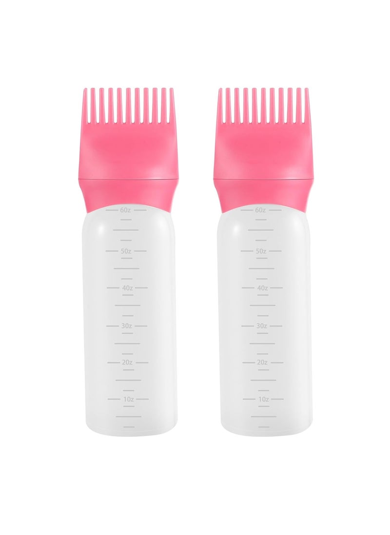 Pimoys Hair Oil Applicator Bottle 6 Ounce, 2 Pack Root Comb Applicator Bottle Hair Dye Oiling Brush with Graduated Scale, Pink