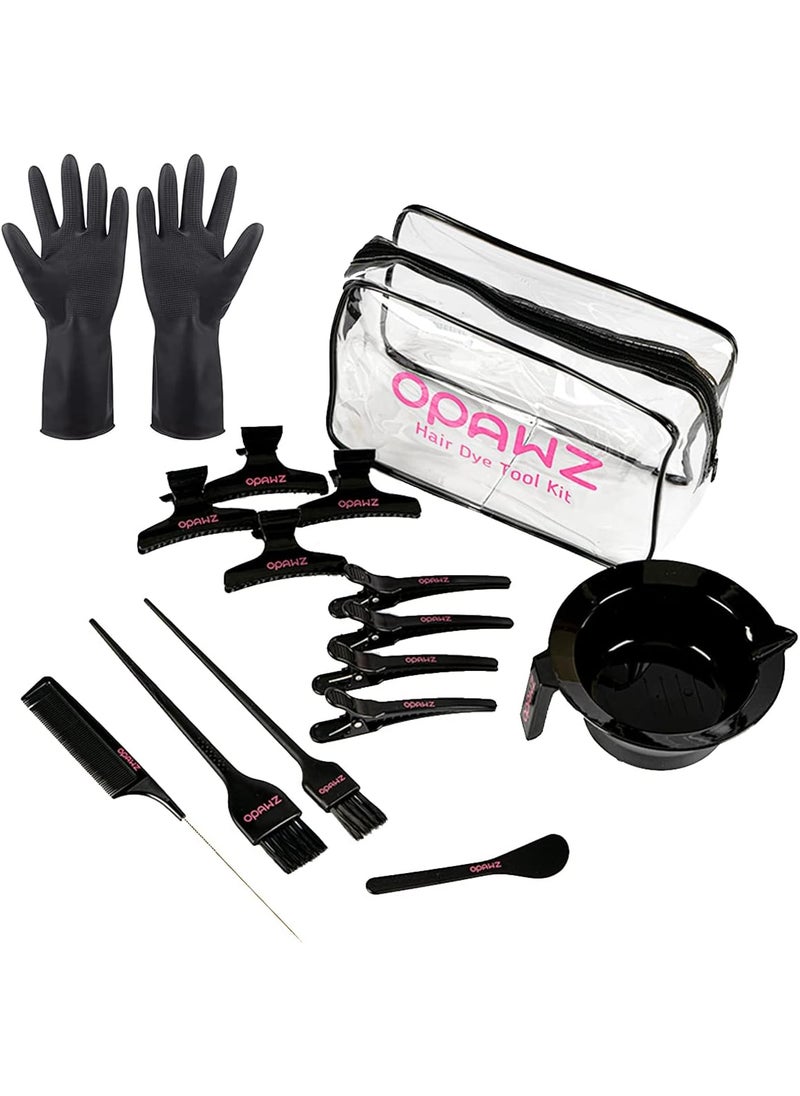OPAWZ 16Pcs Hair Dye Coloring Kit, Brush and Mixing Bowl Set, Hair Dye Tools Kit, Include Mixing Bowl, Applicator, Clips, Brushes, Comb, Gloves and Reusable Travel Bag for DIY Salon