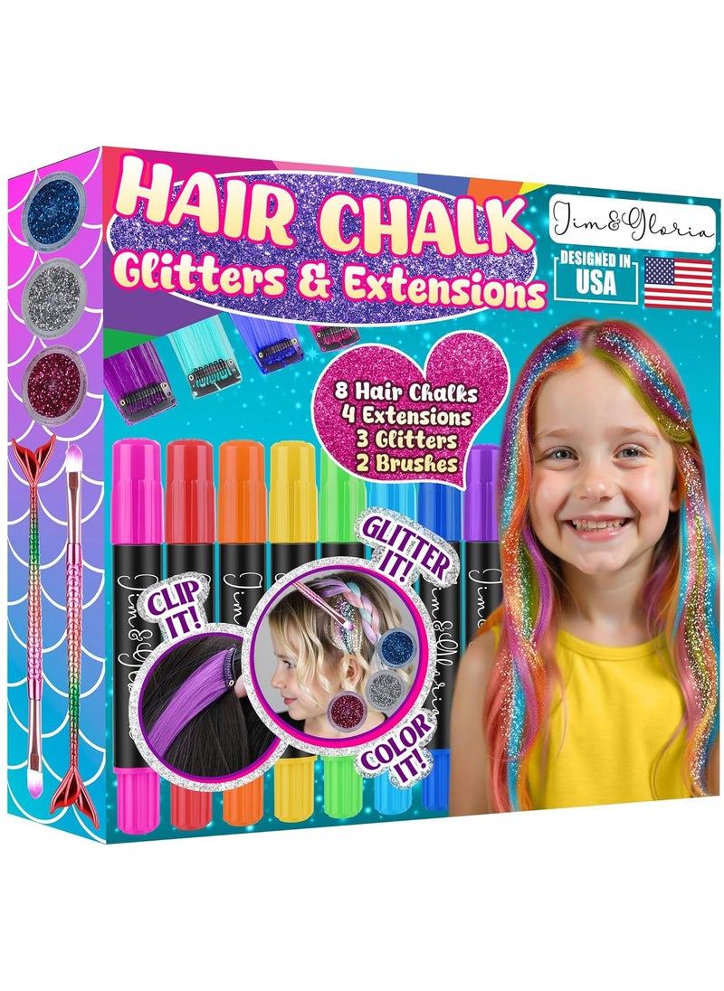 Jim&Gloria Dustless Hair Chalk for Girls Washable with Clip in Hair Extensions, Brushes and Glitters, Kids Temporary Color Dye, Gifts for Teen Girl Trendy Stuff, Teenage 7 8 9 10 11 12 13 14 Year Old