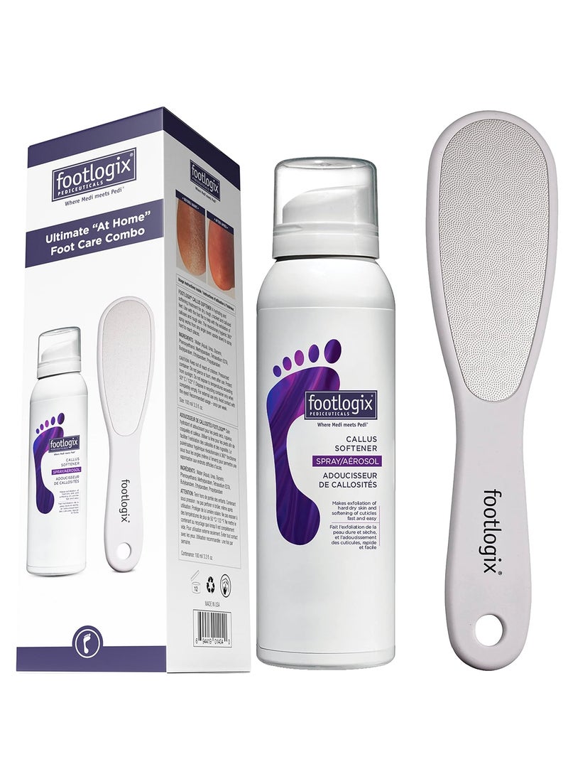 Footlogix Foot Care Callus Softner Combo - Callus Remover Spray & Double-Sided Foot File for Dry, Cracked Heels, Pedicure Tools for Feet, Foot Exfoliator