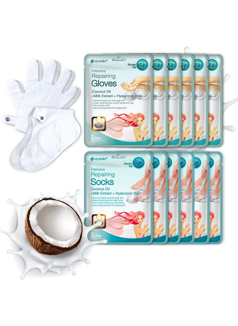 Epielle Intensive Repairing Masks for Hand and Foot - 6 Glove & 6 Socks Dry Hand, Dry & Cracked Heel to Toe Spa Masks Coconut Oil + Milk Extract,Mothers Day Gifts