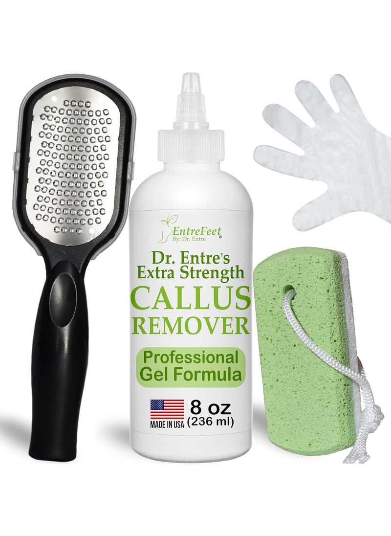 Dr. Entre's Callus Remover Gel Kit for Feet: Foot File, Pumice Stone, 5 Glove Pairs for Gel Application, Spa Kit, Foot Care, Pedicure Tools, Scrubber, 8oz