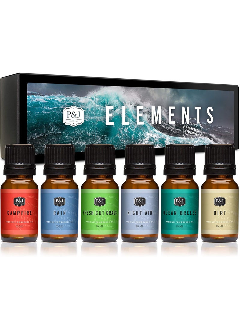 P&J Trading Fragrance Oil Elements Set | Campfire, Night Air, Ocean Breeze, Dirt, Rain, Fresh Cut Grass Candle Scents for Candle Making, Freshie Scents, Soap Making Supplies