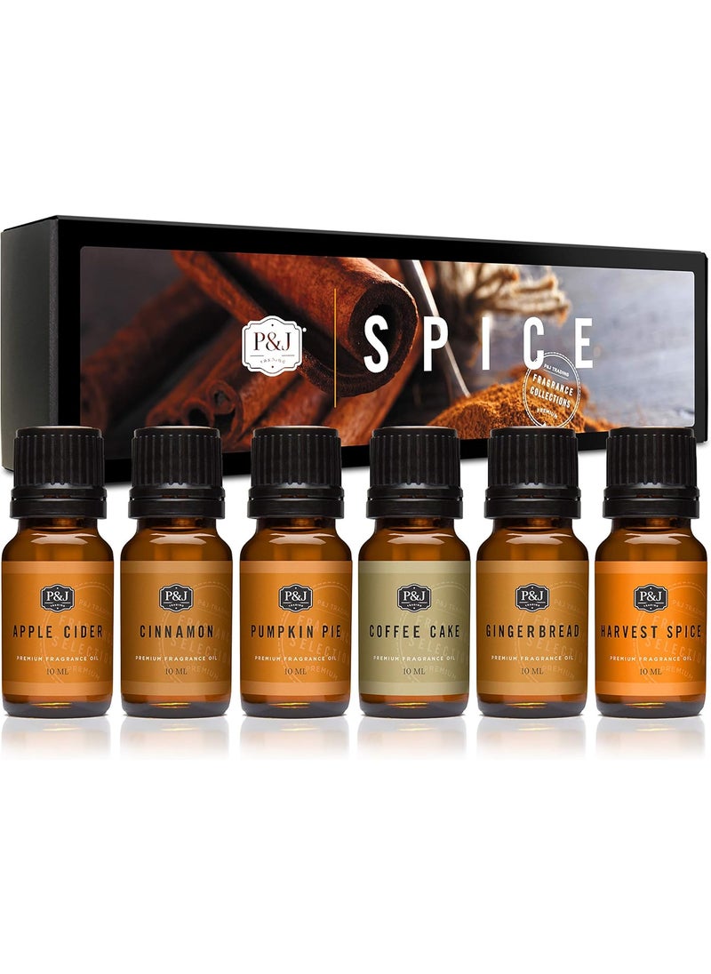 P&J Trading Spice Set of 6 Premium Grade Fragrance Oils - Cinnamon, Harvest Spice, Apple Cider, Coffee Cake, Gingerbread, Pumpkin Pie - 10ml