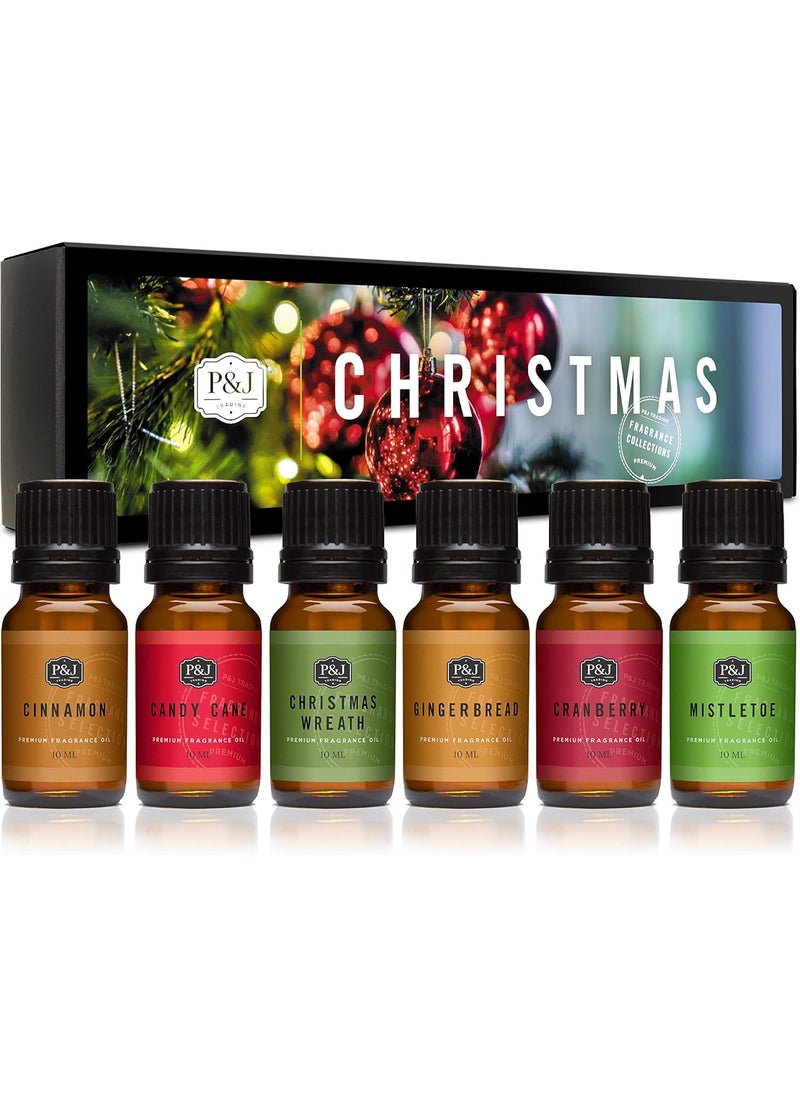 P&J Fragrance Oil Christmas Set | Christmas Wreath, Mistletoe, Candy Cane, Gingerbread, Cinnamon, and Cranberry Candle Scents, Freshie Scents, Candle/Soap Making Supplies