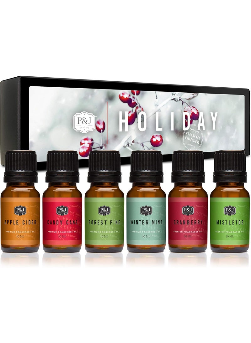 P&J Fragrance Oil Holiday Set | Mistletoe, Candy Cane, Wintermint, Apple Cider, Cranberry, and Forest Pine Candle Scents for Candle Making, Freshie Soap Making Supplies, Diffuser Oil Scents