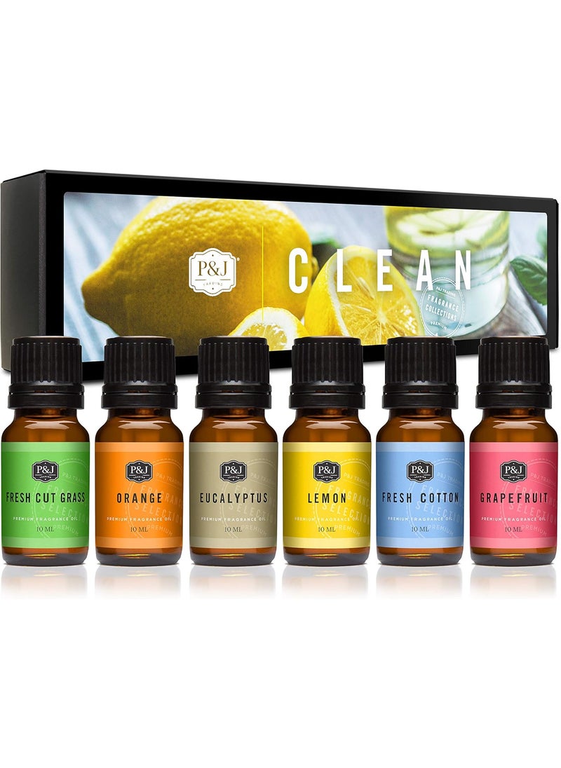 P&J Trading Fragrance Oil Clean Set | Fresh Cotton, Lemon, Orange, Grapefruit, Fresh Cut Grass, and Eucalyptus Candle Scents for Candle Making