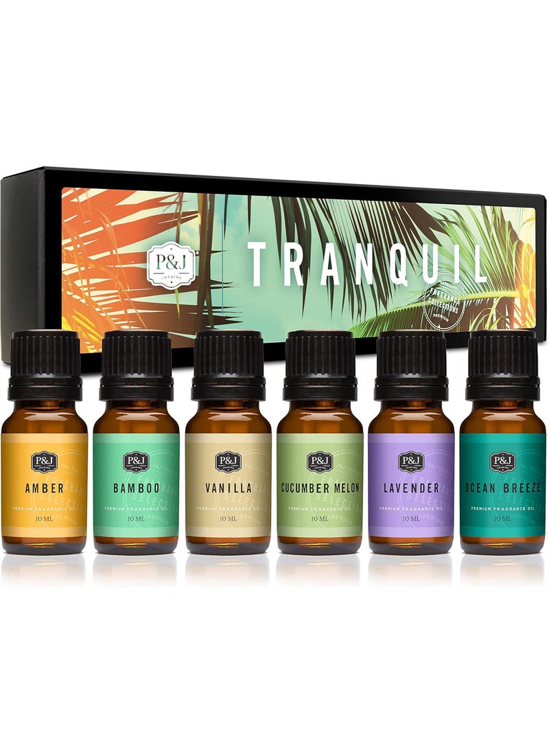 P&J Trading Fragrance Oil Tranquil Set | Vanilla, Cucumber Melon, Lavender, Amber, Bamboo, and Ocean Breeze Candle Scents for Candle Making, Freshie Scents, Soap Making Supplies, Diffuser Oil Scents