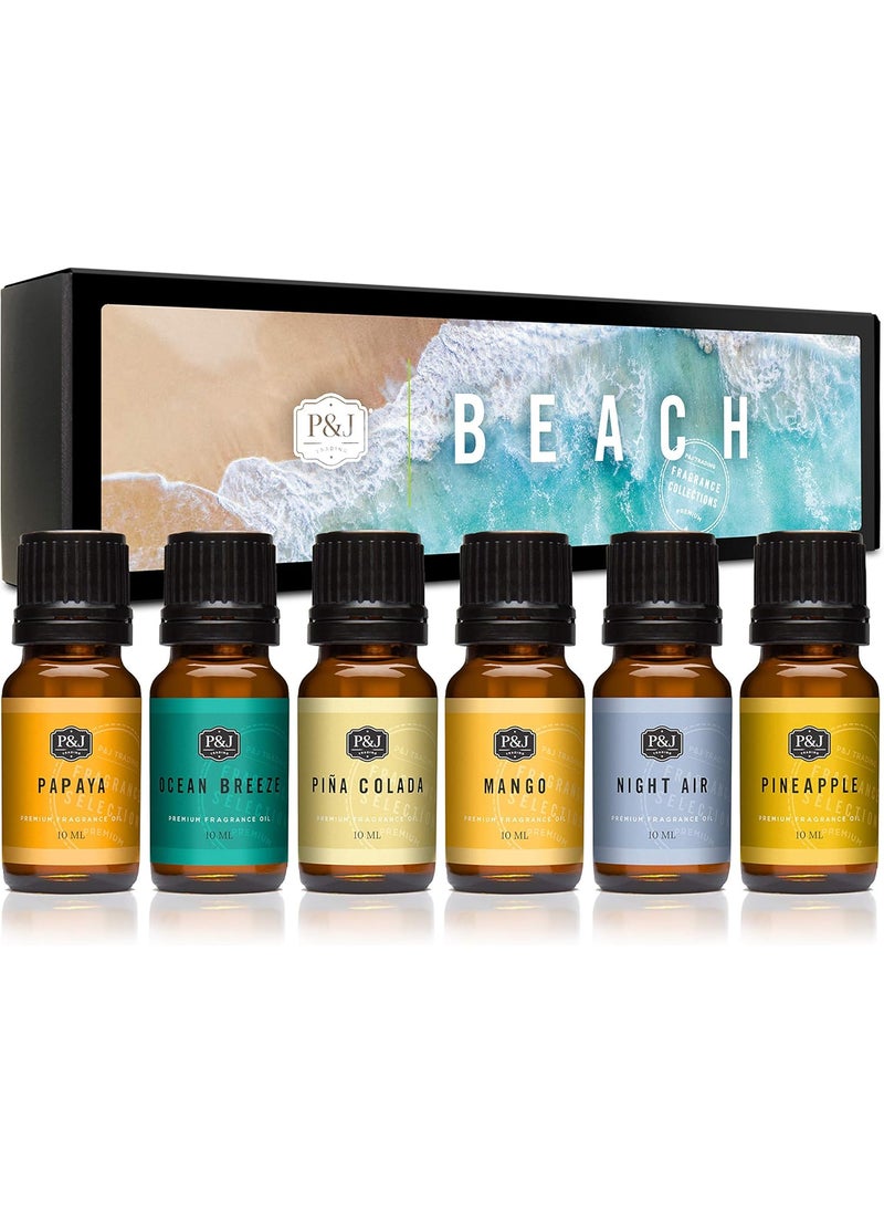 P&J Trading Fragrance Oil Beach Set | Ocean Breeze, Papaya, Pina Colada, Mango, Pineapple, and Night Air Candle Scents for Candle Making, Freshie Scents, Soap Making Supplies, Diffuser Oil Scents