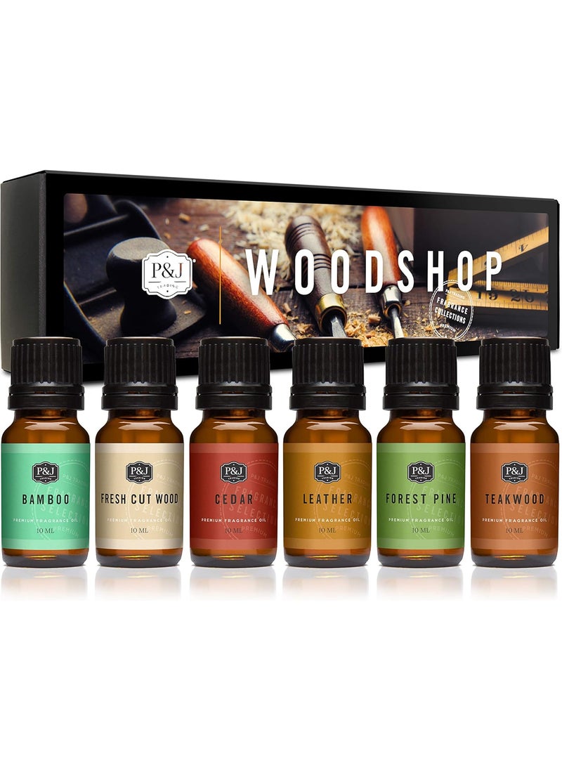 P&J Trading Fragrance Oil Woodshop Set | Forest Pine, Fresh Cut Wood, Leather, Teakwood, Bamboo, and Cedar Candle Scents for Candle Making, Freshie Scents, Soap Making Supplies, Diffuser Oil Scents