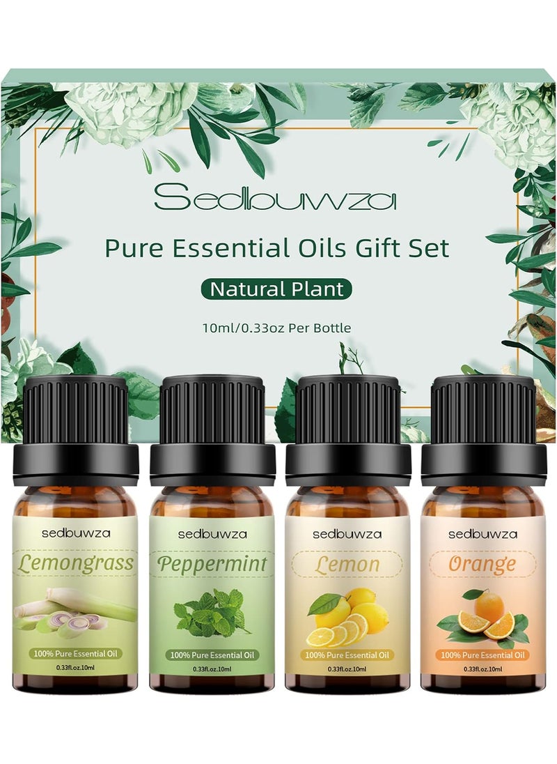 Sedbuwza Orange Lemon Peppermint Lemongrass Essential Oil Set, 100% Pure Aromatherapy Gift Oils for Diffuser, Humidifier, Perfume, Candle, Soap - 4 x 10 ml
