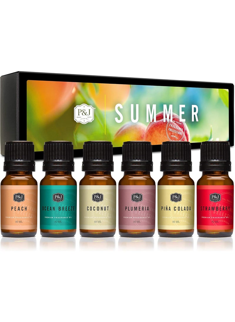 P&J Trading Summer Set of 6 Fragrance Oils - Peach, Strawberry, Plumeria, Coconut, Ocean Breeze, Pina Colada Candle Scents, Soapmaking, Diffuser Oil