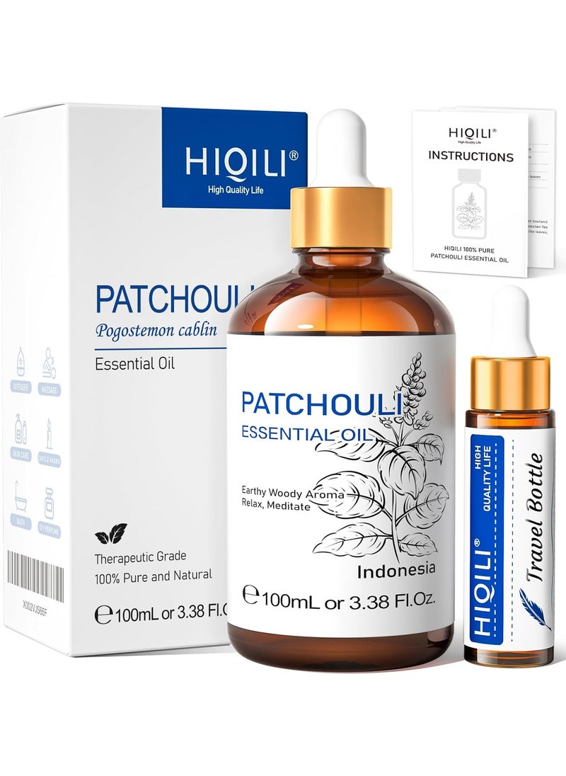 HIQILI Patchouli Essential Oil,100% Pure & Natural for Homemade Perfume, Sooth Skin, Nourish Hair, Relieve Stress at Home with Diffuser, Gift for Hippie Friend -100ML