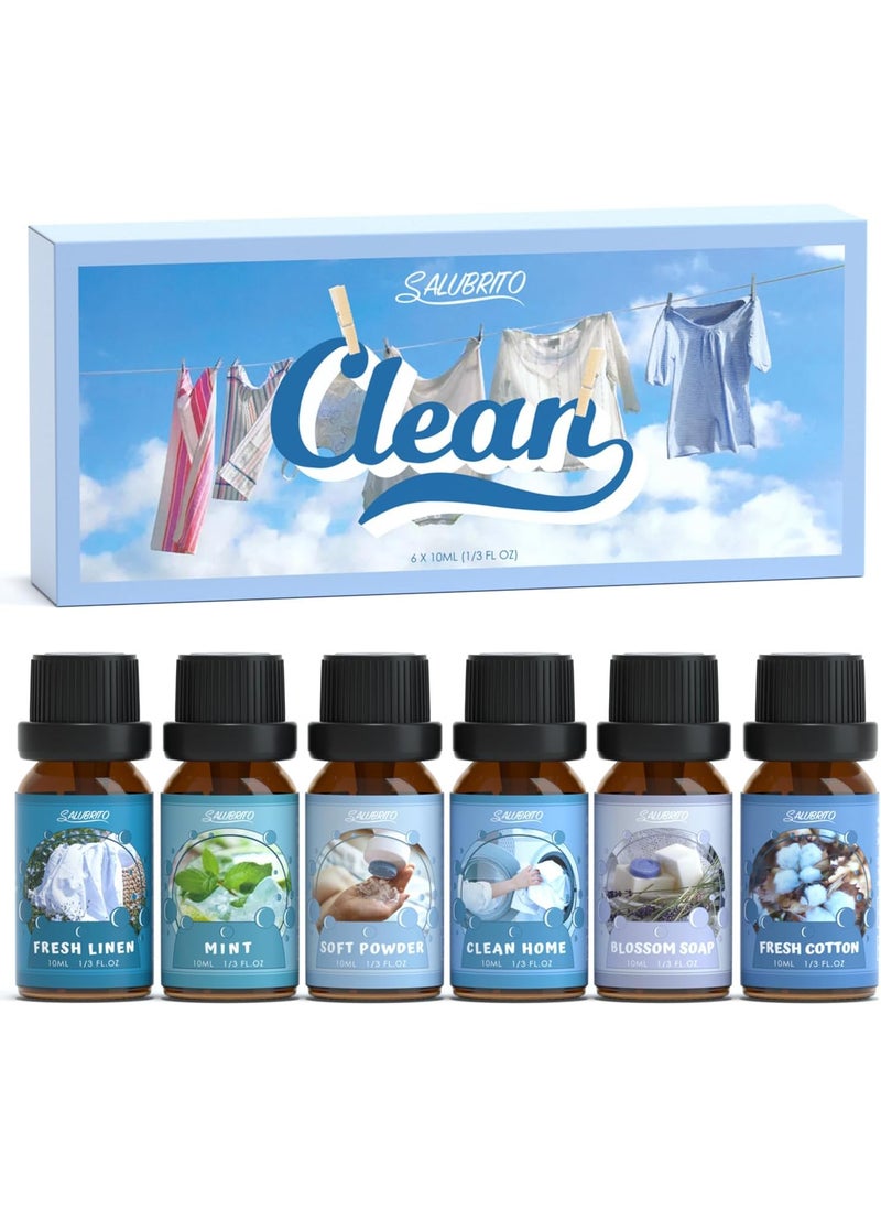 SALUBRITO Clean Fragrance Oils Set, Premium Essential Oils Set for Diffuser, Candle, Soap Making, Fresh Cotton, Clean Home, Fresh Linen, Soft Powder, Blossom Soap, Mint, Strong Scented Oils